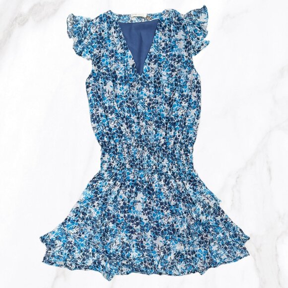 Ramy Brook Women's Blue Floral Print Simone Silk Smocked Mini Dress, Size S - Picture 2 of 9